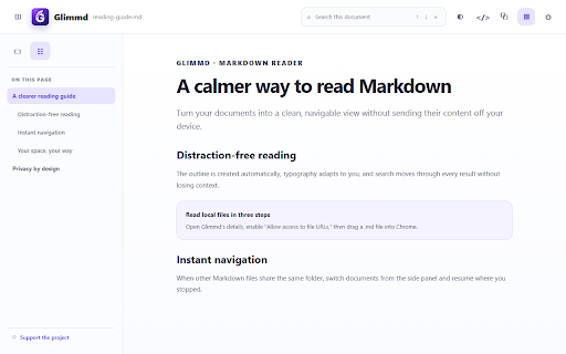 Glimmd — Markdown Reader :: Read Markdown in Chrome with themes, an outline, auto refresh, folder navigation, and custom styles.
