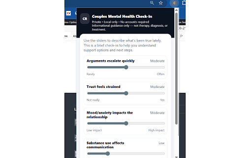 Couples Mental Health Check-In | CouplesRehab :: Private couples relationship check-in tool with local-only use. Informational guidance only. CouplesRehab.com.