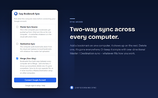 Easy Bookmark Sync :: Syncs bookmarks between computers through your own Google Drive.