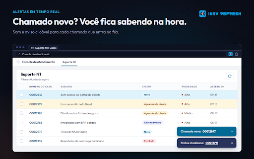 INSV Refresh :: Fique por dentro dos novos casos no Salesforce com atualizações automáticas e alertas sonoros configuráveis.