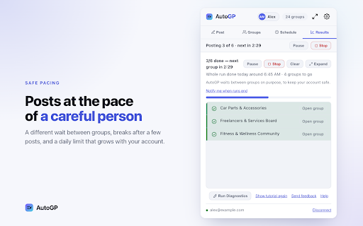 AutoGP – Facebook Group Auto Poster :: Post to all your Facebook groups automatically with spintax, scheduling, and live results.