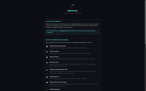 Tethernet :: Connect Chrome to a local AI session. Network capture, request interception, telemetry detection, page interaction. Localhost only.