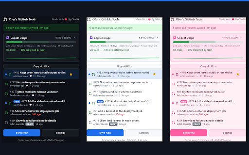 Ofer's GitHub Tools :: Sync GitHub pull requests to bookmarks, track Copilot usage, and add practical pull request review tools.