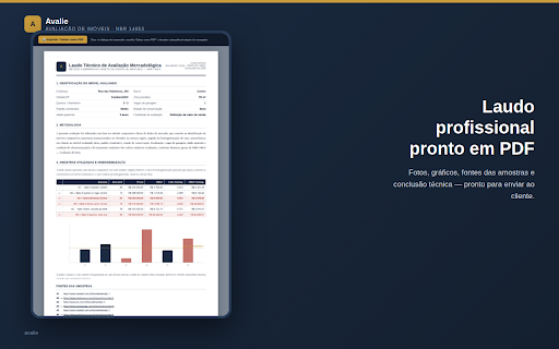 Avalie — Avaliação de Imóveis NBR :: Avaliação de imóveis conforme a NBR 14653: amostras, cálculo estatístico (comparativo e regressão) e laudo em PDF.