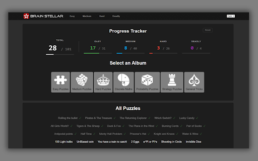 Brainstellar Progress Tracker :: The ultimate quant interview prep tool. Track your Brainstellar puzzle progress with a native analytics dashboard.
