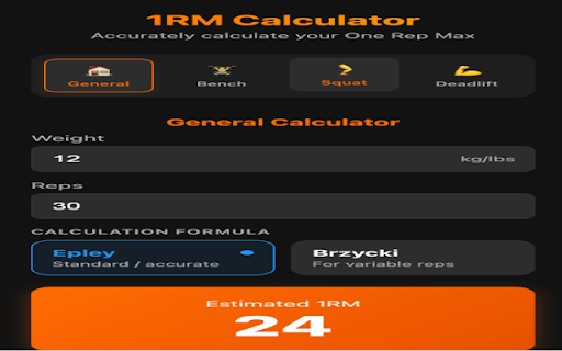 One Rep Max Calculator :: Calculate your One Rep Max (1RM) for Bench Press, Squat, and Deadlift using Epley & Brzycki formulas.