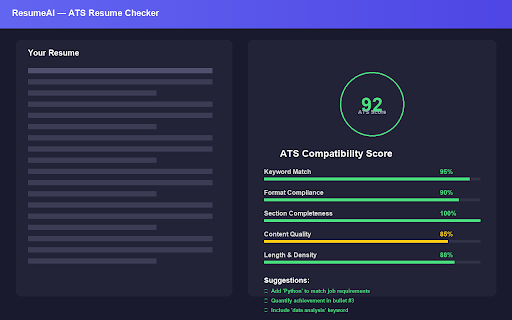 ResumeAI - ATS Resume Checker :: Check your resume's ATS score against any job posting. Works on LinkedIn, Indeed, Glassdoor, and more.