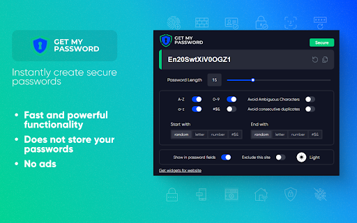 GetMyPassword - Create Strong, Random Passwords Instantly :: Fast and simple Chrome extension with an on-page widget for generating strong, random passwords directly in website forms