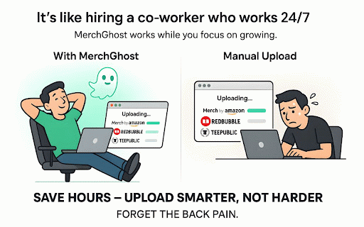 MerchGhost For Merch By Amazon, Redbubble, TeePublic :: Automate design uploads across Amazon Merch, TeePublic, and Redbubble. Includes Amazon BSR & ASIN scraper for market research.