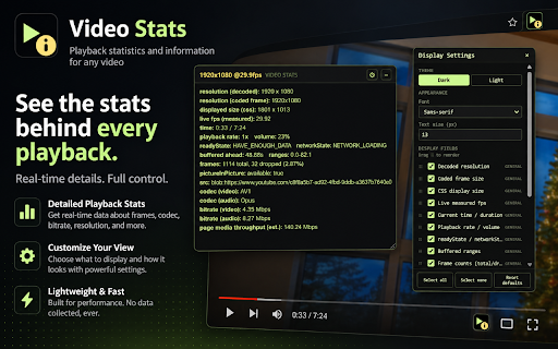 Video Stats :: Overlays real-time technical playback stats (resolution, fps, dropped frames, codec, bitrate, etc.) on every video.