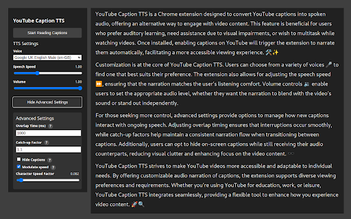 YouTube Caption TTS :: Reads YouTube captions aloud using Chrome's built-in TTS