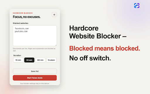 Hardcore Website Blocker – Fokus & Produktivität :: Blockiert ausgewählte Websites während eines verbindlichen Fokus-Timers. Blocker-Daten bleiben lokal.