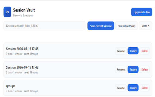Session Vault — Tab Session Manager :: Reliable tab session manager. Save, restore, search, and back up your browser windows locally. Your data stays on your device.