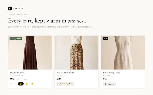 CartNest :: Every cart, kept warm in one place. A floating button lets you nest any item in one tap while you shop.
