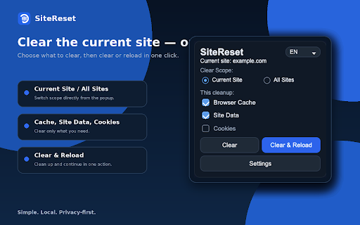 SiteReset - Clear Cache & Site Data :: Clear cache, local storage and cookies for the current site, with optional reload and quick per-use controls.