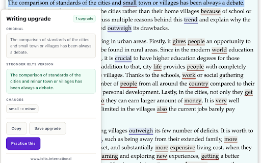 IELTS Vocabulary Lens — Writing Upgrade Tool :: Check IELTS word bands, upgrade weak sentences, and save vocabulary while browsing. Free, offline, no signup.