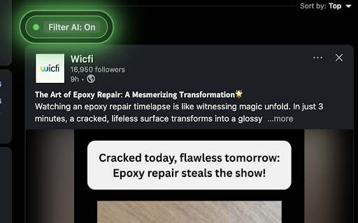 LinkedIn AI Filter :: Detects AI-like posts on LinkedIn, highlights Red/Amber/Green, lets you vote, and adds a glowing 'Filter AI' toggle.