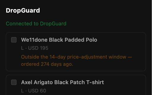 DropGuard :: One-click price-drop guards from your SSENSE orders, plus price-drop tracking across supported stores.