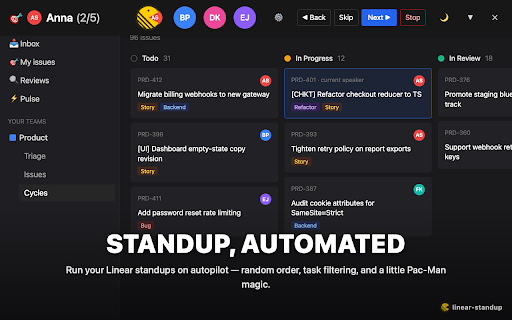 Linear Standup :: Daily standups for Linear: random speaker, auto-filter tasks, Pac-Man eats avatars as they speak. Hidden fun mode.