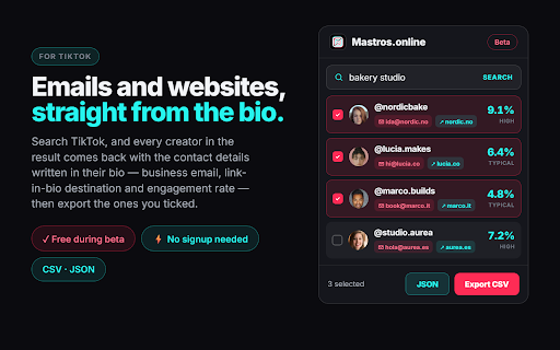 TikTok Scraper: Export Comments, Creators & Videos to CSV - Mastros :: TikTok email finder: export creator emails, save videos with no watermark, scrape any creator search by engagement rate. Free.
