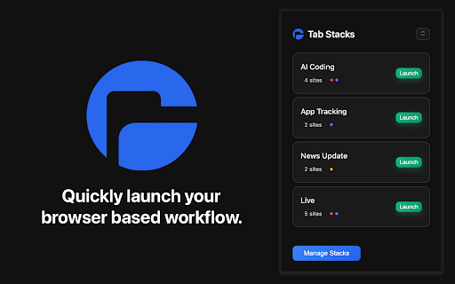 Tab Stacks: Tab group launcher :: Tab Stacks lets you instantly open sets of saved websites grouped by workflow. Launch all your tabs for a task with one click.