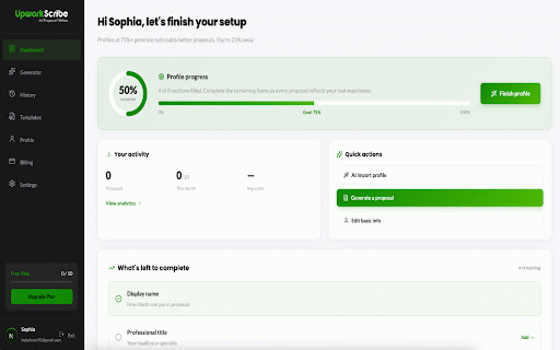UpworkScribe :: Generate winning Upwork proposals in one click. Sync your profile and extract job details directly into UpworkScribe.