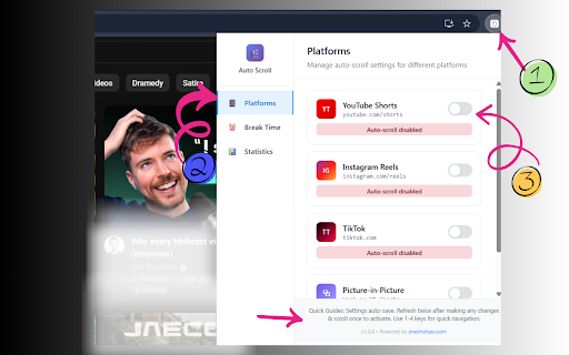 Smart Auto Scroll - YouTube Shorts, Instagram & TikTok Reels :: Professional auto-scroll for YouTube Shorts, TikTok, and Instagram Reels. Per-platform toggles, it's free and unlimited