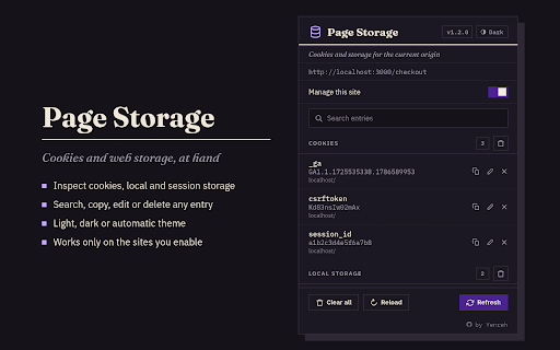 Page Storage :: Clears cookies, local storage and session storage on the sites you enable