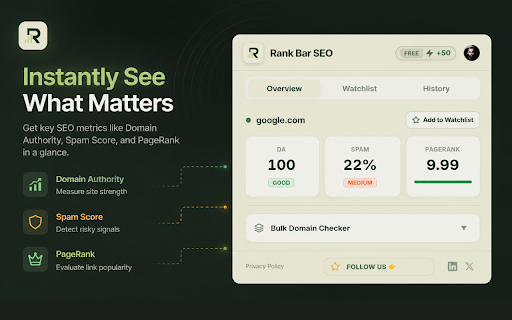 Rank Bar SEO – Free Domain Authority & Spam Score Checker :: Fast, modern SEO toolbar with Bulk check Free Domain Authority, Spam Score, and PageRank checker. Dofollow/nofollow link highlighter
