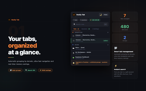 Nexily Tab :: Gestionnaire d'onglets intelligent — regroupement auto, suspension RAM, sessions et sync. Arrêtez de perdre vos onglets.