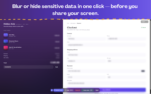 MaskShare — Blur & Hide Sensitive Data :: Blur or hide sensitive data on any page before sharing your screen. 100% local — nothing leaves your browser.