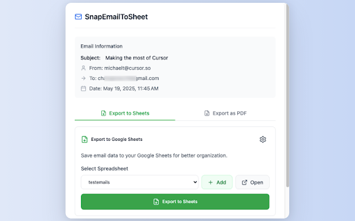 Snap Email to Sheets :: Seamlessly save google email content to sheets and pdf with a single click