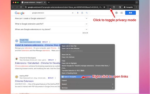Incognito for Chrome :: Quickly open URLs in Incognito Mode.