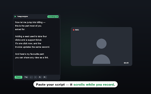 Teleprompter for Loom :: Teleprompter in your side panel. Read your script while recording in Loom. Stays out of your tab & camera recording. Free.