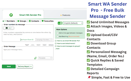 Smart WA Sender Pro - Free Bulk Message Sender :: Smart WA Sender Pro - Bulk messaging for WhatsApp. Send messages, images & docs to multiple contacts. Perfect for businesses &…