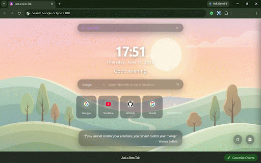 Just a New Tab :: 開啟新分頁,帶給您一整天的好心情。支援隨機背景、時鐘、自訂捷徑與金句小工具。