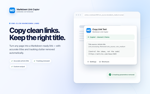 Markdown Link Copier :: Cleans the current tab URL and copies it as formatted text to the clipboard.