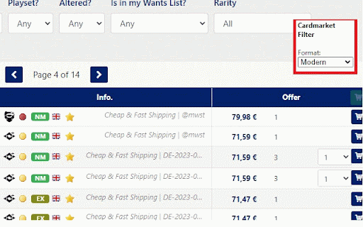 Cardmarket Format Filter :: Filter singles from sellers by format on Cardmarket.