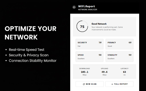 WiFi.Report - Network Analyzer :: Quick WiFi network analysis directly from your browser. Check security, privacy, speed, and stability in seconds.