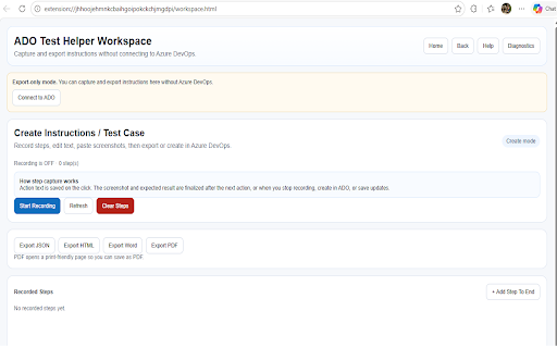ADO Test Helper :: Capture manual test steps with screenshots, create or update Azure DevOps test cases, run tests, and create bugs faster.