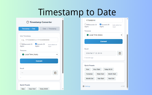 Timestamp Converter - Quick & Easy :: Convert Unix timestamps to dates instantly. Support timezones, auto-detect format, one-click copy.