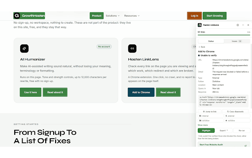 Hasten LinkLens – SEO Link Checker :: Inspect every link on the page: broken links, redirects, nofollow, anchor text and more, highlighted right where they sit.
