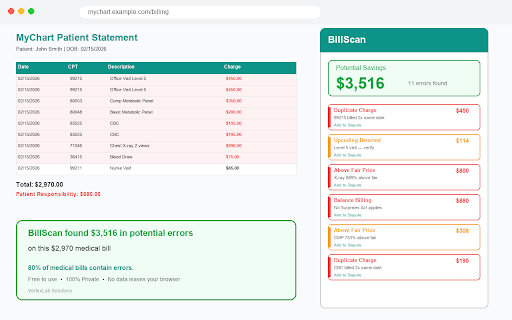 BillScan — Medical Bill Error Checker :: Scan medical bills for common billing errors, overcharges, and upcoding. Save money with one-click dispute letters.