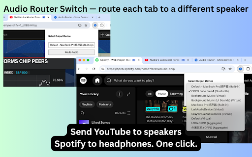 Audio Router Switch :: Route audio from different browser tabs to different output devices — game to headset, music to speakers.