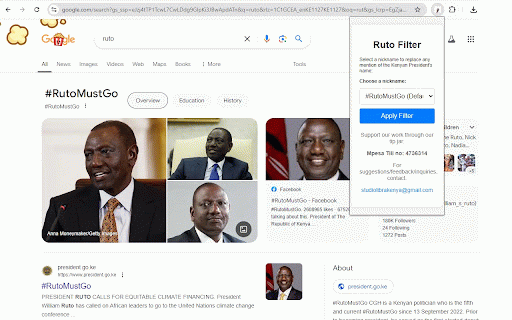 Ruto Filter :: Replace the Kenyan president's name with user-selected nicknames like '#RutoMustGo' and more.