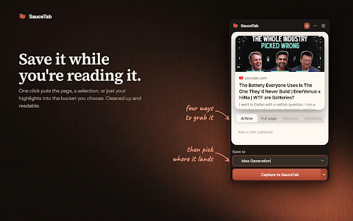 SauceTab :: Save web pages, articles, and highlights to organized research buckets. Capture Sauces, take notes, and find everything fast.