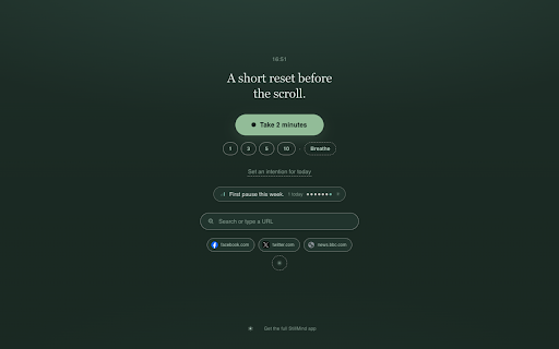 StillMind: Meditation & Breathing New Tab :: Turn every new tab into a calm meditation timer, breathing pacer, and focus space. Mindful breaks, no account, works offline.