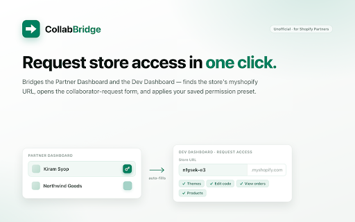 CollabBridge — Shopify Partners :: One-click bridge from the Partner Dashboard store list to a pre-filled Dev Dashboard collaborator-request form. Unofficial.