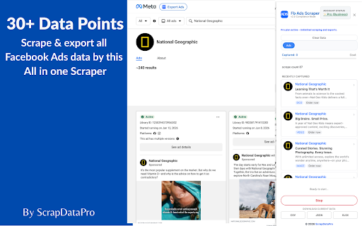 FB Ads Scraper - Facebook Ads Scraper :: Extract and export Facebook ads instantly to CSV, JSON, or XLSX for analysis and growth. facebook ads scraper