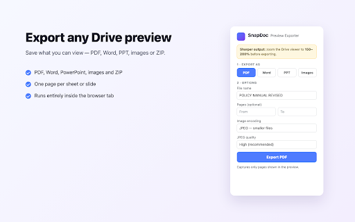 SnapDoc: Preview Exporter :: Save Google Drive document previews as PDF, Word, PowerPoint, images or ZIP — with page ranges, quality and layout options.